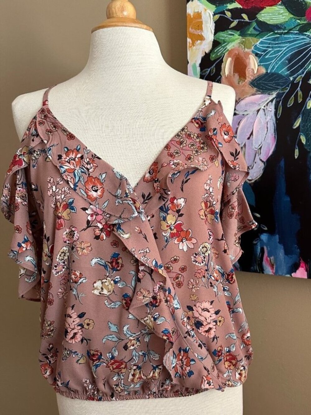 Moa Moa Floral Cold Shoulder Ruffle Blouse Mauve Boho Size L